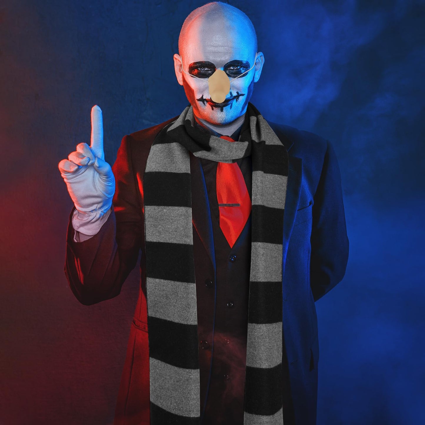 MEEZY 4 Pcs Cosplay Costume Accessories Adults Black Gray Striped Scarf with Nose Bald Cap for Men Halloween Cosplay Party Dress Up