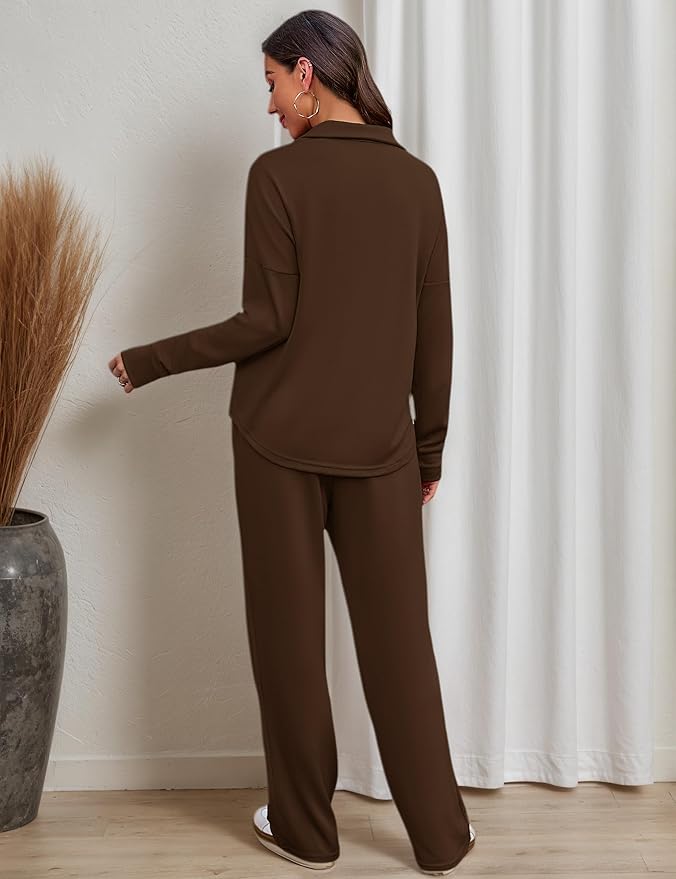 Totatuit Womens Sweatsuits 2 piece Set Lapel Half Zip Lightweight Sweatshirts and Wide Leg Pants Tracksuit Lounge Sets