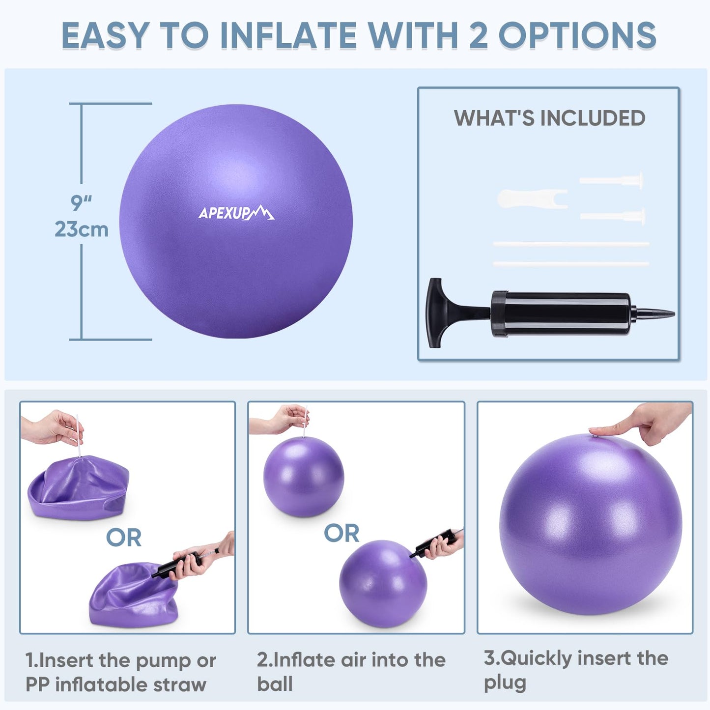 APEXUP Yoga Ball Exercise Ball, Heavy Duty Pilates Ball for Fitness, Balance, Core Workout, Physical Therapy (XXS (9") 23cm, Purple)