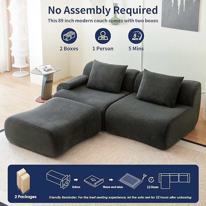 Cloud Couch Sectional,114"-Boneless Couch in a Box,Upholstered Couches for Living Room Bedroom with L-Shape Chaise,Modern Comfy Sofa-Cool Gray Couches,No Assembly Required,Low -Profile Sofa