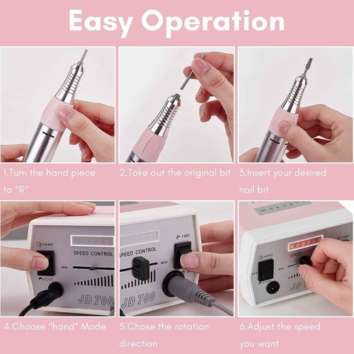 Makartt Nail Drill Portable Electric Nail File Machine Geneviere E File Pink JD700 Professional 30000RPM Manicure Drill Bundle With 300Pcs #80#150#240 Grits Nail Drill Bits Sanding Bands