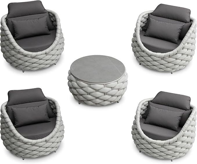 Erotr Front Porch Furniture 5 Piece Set: Aluminum Woven Rope Patio Conversation Sofa Set - Assembled Accent Chair Modern - Cushioned Armchair Couch Set for 400 lbs Deck Backyard Poolside Garden Hotel