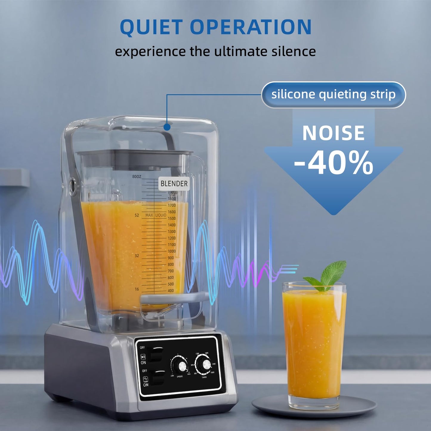 BLEOU Commercial Quiet Shield Blender, 2200W Professional Smoothie Blender with Timer & 15-Speed Control, 80oz/2.2L BPA-Free Pitcher for Cafes, Bars and Home Use