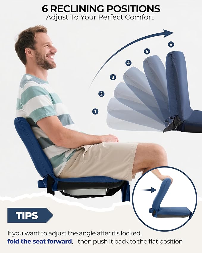 Sportneer Stadium Seats with Back Support: 6 Reclining Position Folding Bleacher Chairs with Back and Cushion - Padded Bleacher Seats with Shoulder Strap & Storage pocket for Events, Outdoors, Camping