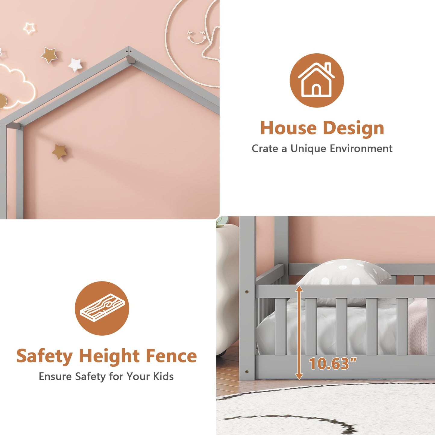 Aoowow Twin Size Floor Bed Twin House Bed Frame with Storage Shelves, Wooden Montessori Floor Bed Kids Playhouse with Fence for Boys Girls for Bedroom,Twin-Grey