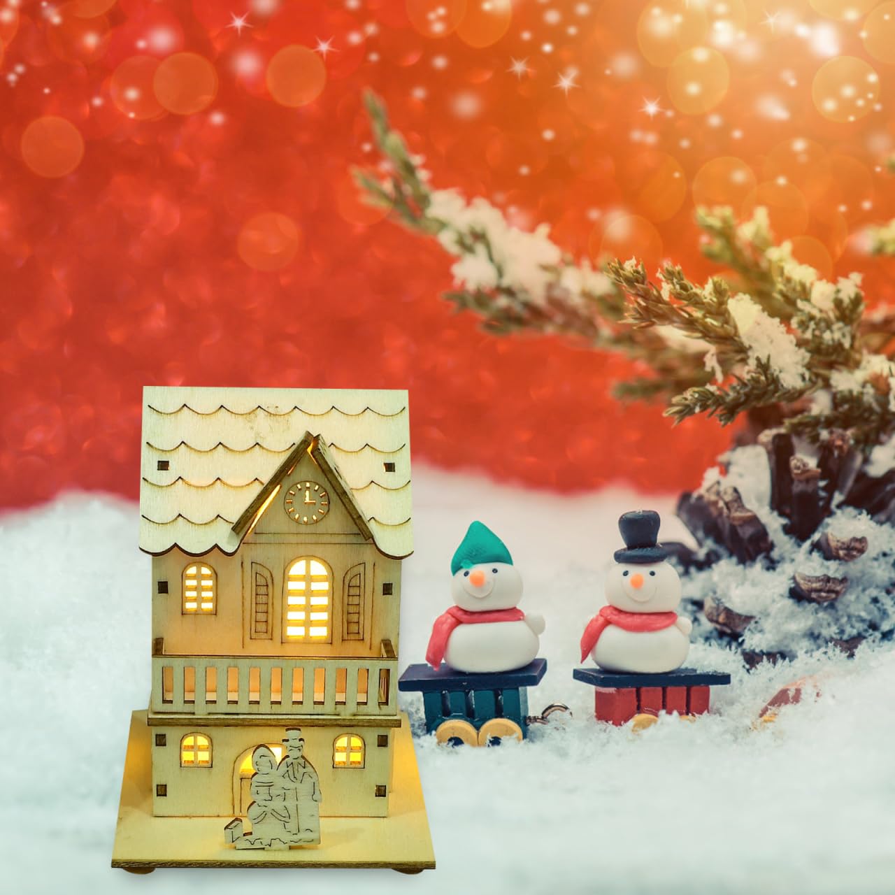 Toyvian 3pcs Christmas Led Light Wooden House with Battery, Unfinished Wooden Christmas Village Mini Houses House Landscape Decors for Christmas Table Centerpieces Holiday Home Decor