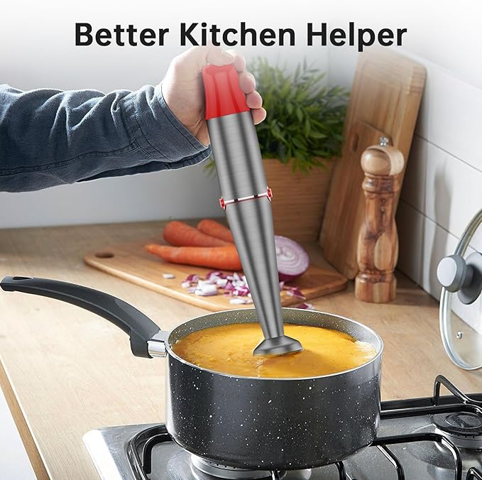 Immersion Blender Handheld Corded Hand Blenders Set 1100W, Trigger Variable Speed 5 in 1 Stick Emulsifier with Chopper, Whisk and Frother for Soup, Baby Food and Smoothies, Christmas red