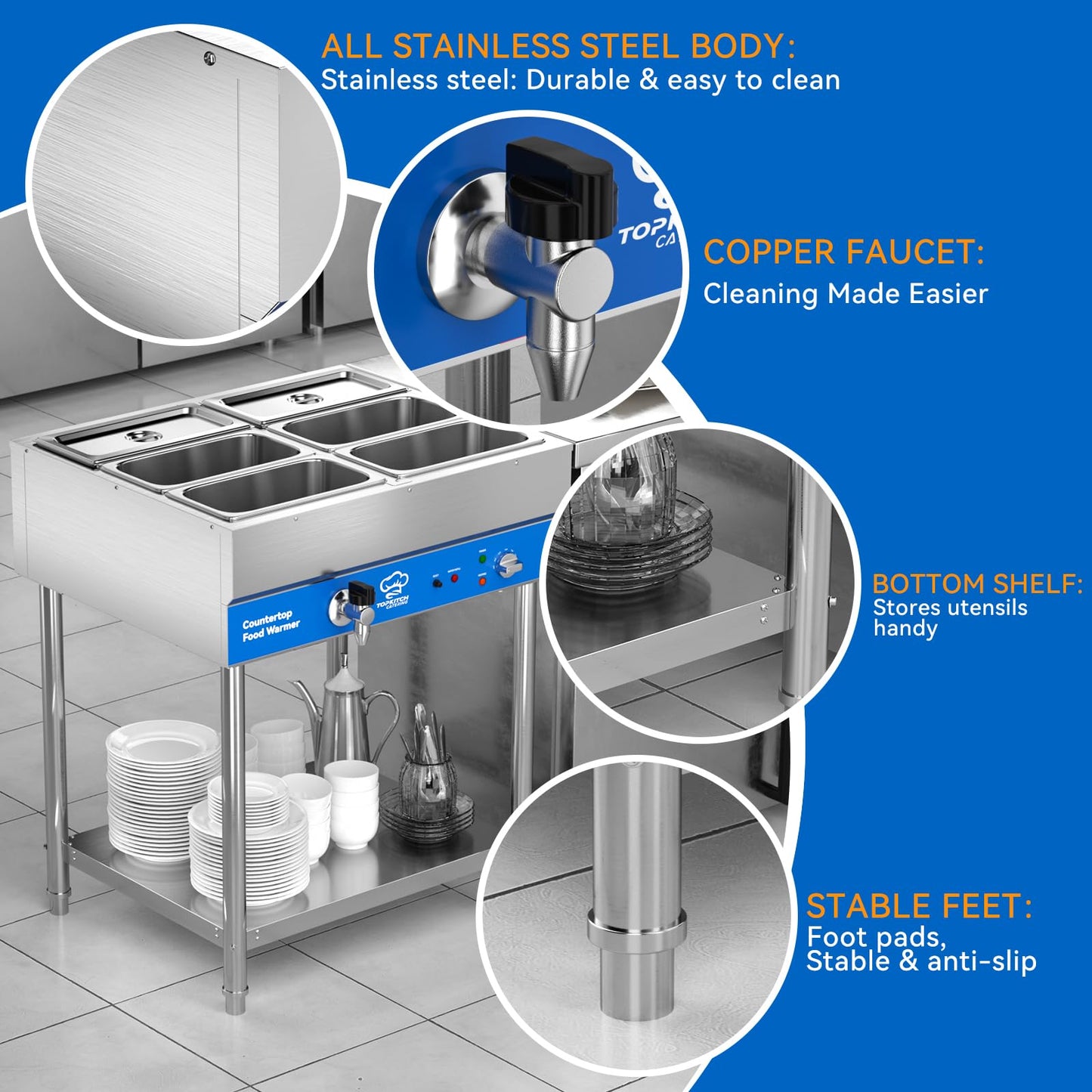 TOPKITCH 6-Pan Commercial Food Warmer, Electric Steam Table, 120V 1700W Stainless Steel Buffet Catering Food Warmer with Undershelf and Workspace, for Restaurant.