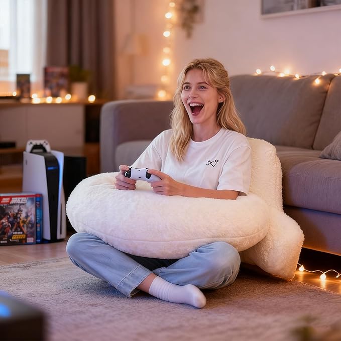 PAJEO Reading Pillow for Bed,U Shaped & Back Support Pillow for Bed,19" Backrest with Lumbar & Arm Support,Luxurious Faux Rabbit Fur,Gaming PillowFor Crochet/Reading/Watching TV,White