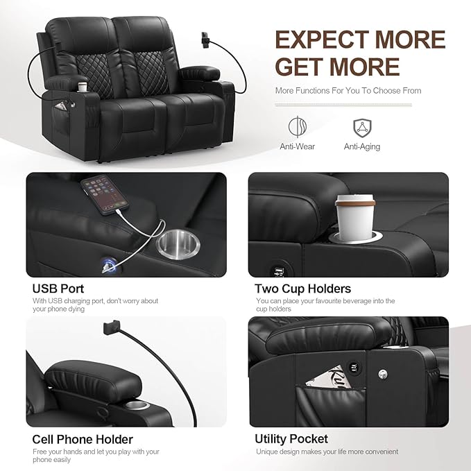 FURNIMAT Loveseat Recliner Sofa, 2 Seater Reclining Loveseat sofa, PU Leather RV Loveseat Couch, FSC Certified Recliner Chair for Living Room, with Cup Holder and 2 Cell Phone Holder, USB Ports, Black