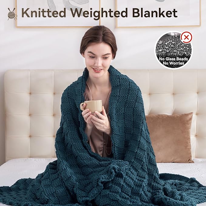Knitted Weighted Blanket for Adult, No Beads Heavy Blanket 50” x 60'' 7lbs, Breathable Chunky Knit Blanket, Cooling Weighted Blanket for Hot Sleepers, Christmas Home Decor (Peacock Blue)