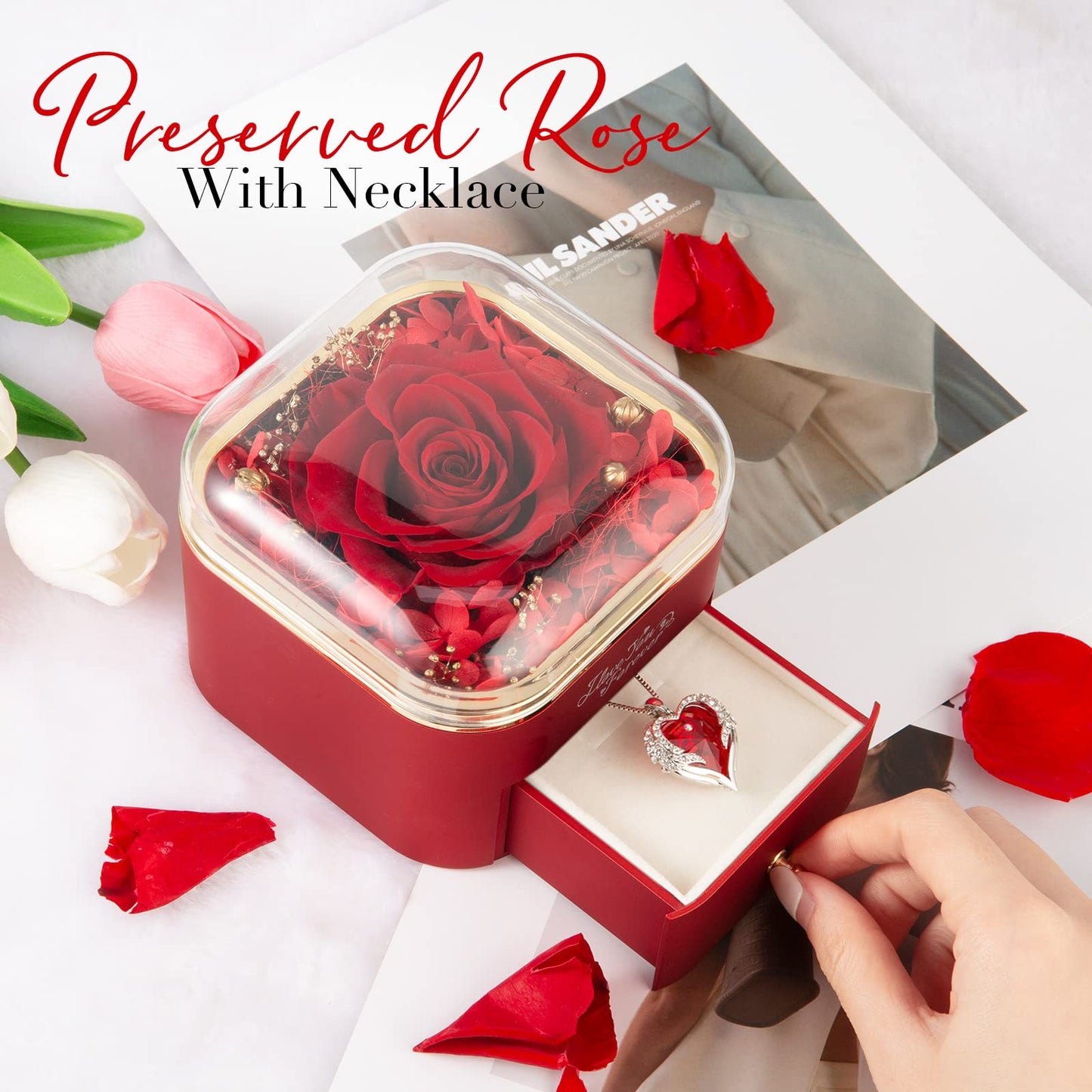 NEWNOVE Gifts for Her, Preserved Real Red Rose with Angle Wings Necklace, Forever Flowers Gifts for Mom Grandma Wife Girlfriend at Christmas, Valentines, Anniversary or Birthday Gifts for Women