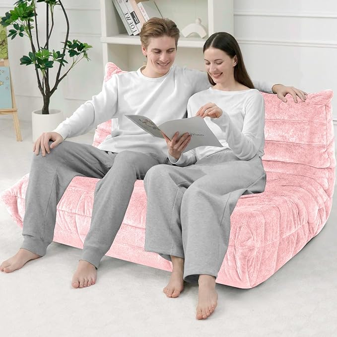 HABUTWAY Bean Bag Chair, Giant Bean Bag Chairs for Adults, Loveseat Fireside Chair, 2 Seater Lazy Bean Bag Sofa Memory Foam Couch for Living Room, Bedroom, Office (Pink)