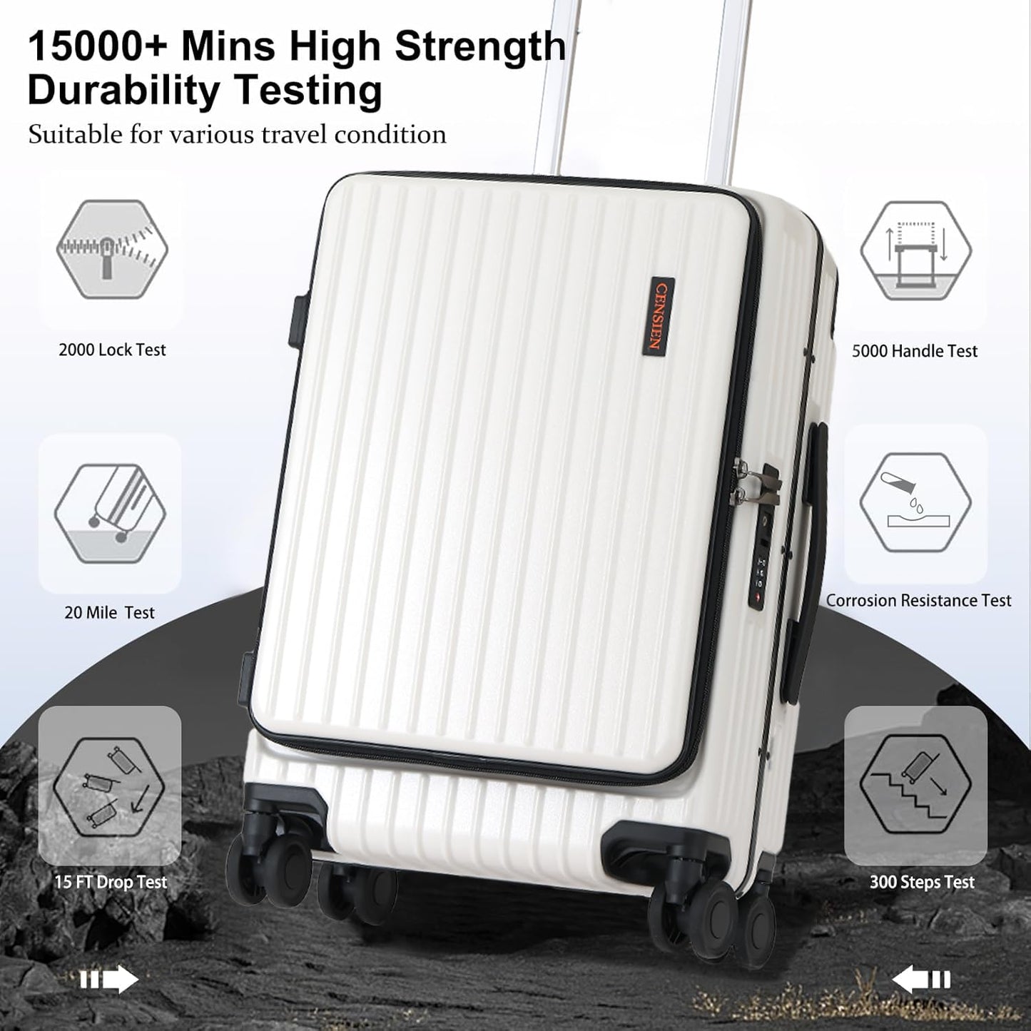 CENSIEN 20 Inch Carry On Luggage with Spinner Wheels, Top Opening Lightweight ABS+PC Hard Shell Suitcases with Aluminum Frame, YKK Zipper, TSA Lock (White, 1 PC)