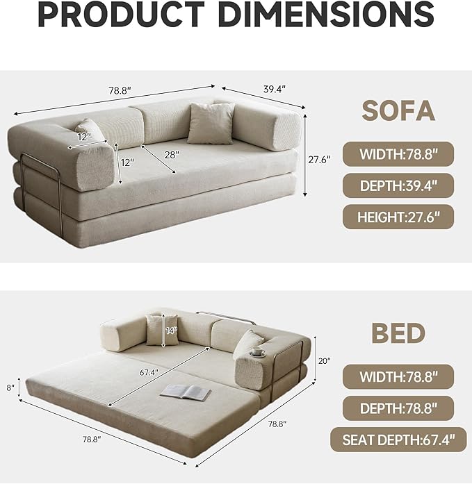 No Assembly Convertible Sofa Bed & 79" Boneless Couch with Pocket , 5-in-1 Futon Sofa Bed with 2 Pillows Modular Pull Out Couch Bed with Frame,Compression in Box for Living Room Small Spaces Beige