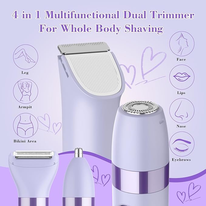 Hatteker 4-in-1 Women's Electric Razor, Dual-Head Body Hair Trimmer for Women, IPX7 Waterproof Rechargeable Bikini Trimmer & Facial Hair Remover for Legs, Armpits, Face, Nose, Eyebrows, Purple