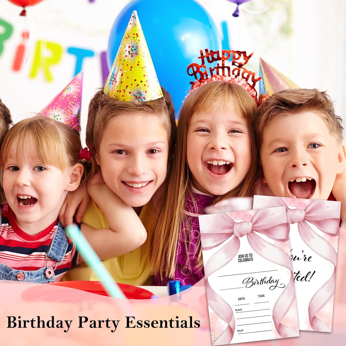 BSNZZIO Pink Bow Birthday Invitation Cards, Girl Pink Birthday Invite For Girls Women, 20 Double-Sided Fill in Invitations With Envelopes Celebration Party Supplies -4616