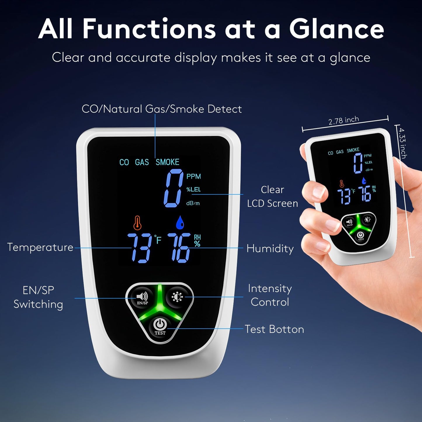 5-in-1 Carbon Monoxide Detectors Plug in, Smoke Alarm & Natural Gas Leak Detector with Temperature & Humidity Sensor, Portable CO Detector with LCD Display Sound & Light Alert for Home Travel