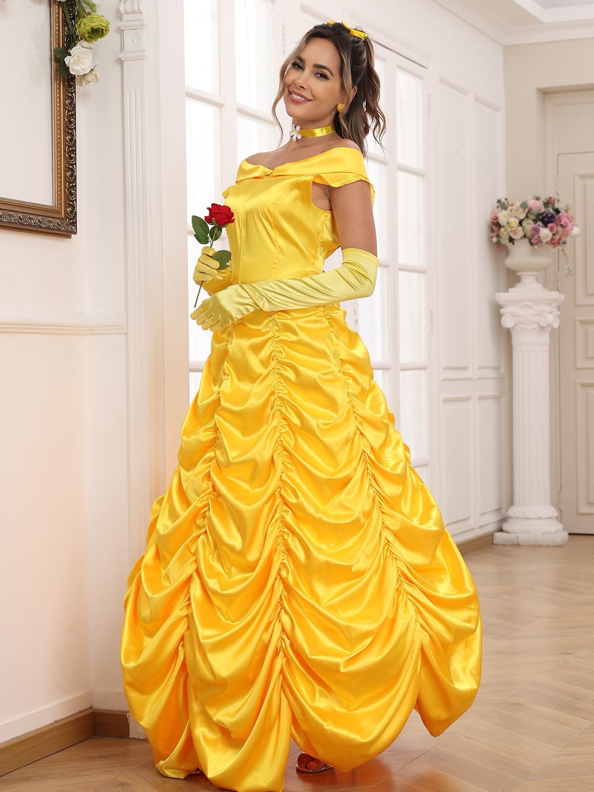 Poboola Belle Costume Women Adult Princess Costumes Halloween Cosplay Party Yellow Dress Long Dress Gown Beauty Outfit L