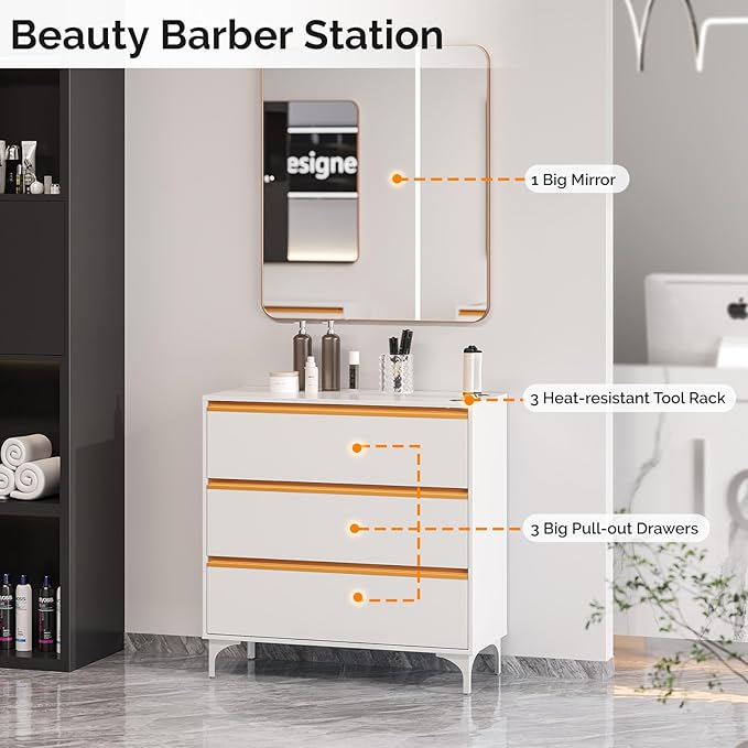 OmySalon Salon Station for Hair Stylists, Free Standing Barber Cabinet with 3 Drawers, Hair Dryer Holders & Square Mirror, Modern Beauty Vanity for Salon, Spa, Bedroom, White Gold