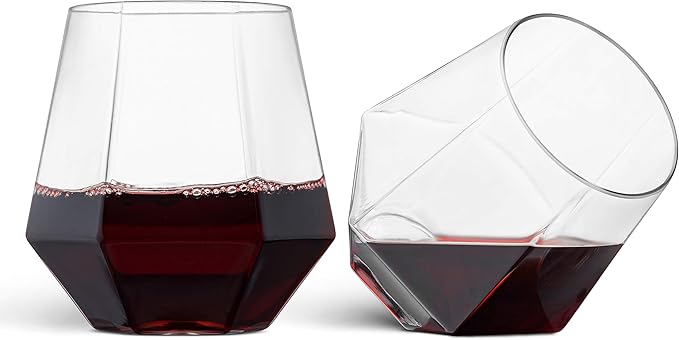 Munfix Plastic Stemless Wine Glasses 32 Pack - Diamond Shaped Unbreakable Disposable 12 Oz Clear Plastic Wine Champagne Wh...