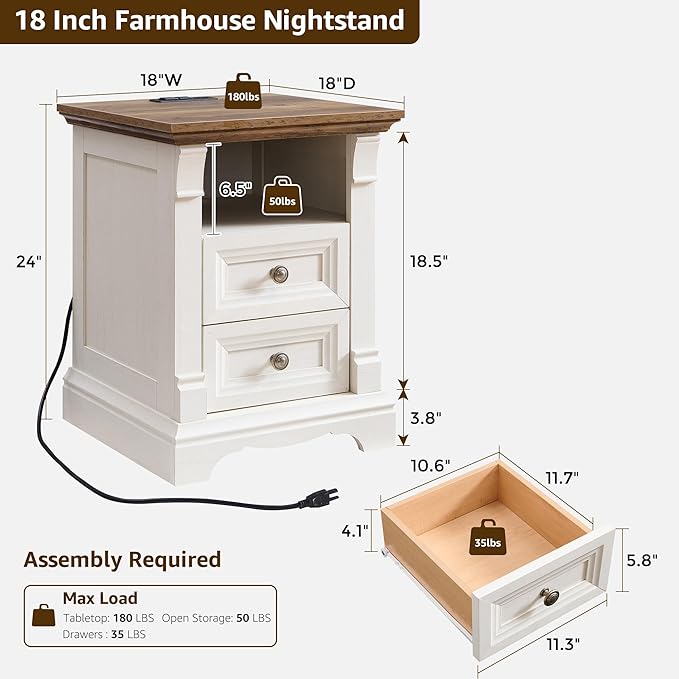 T4TREAM Farmhouse Nightstand with Charging Station, 18" End Table with 2 Drawers Storage, Wood Side Table w/Roman Column, Bedside Cabinet for Bedroom, Living Room, Antique White