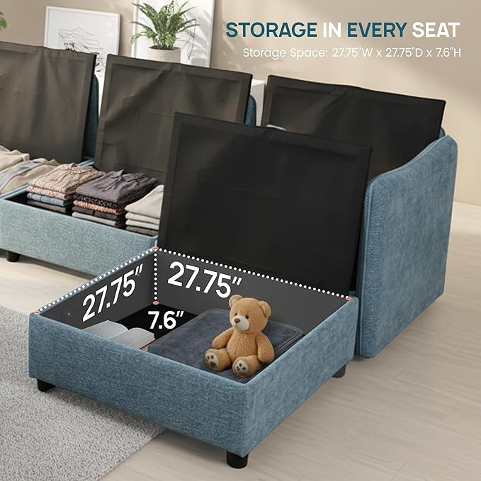 Oversized Modular 8 Seater Sofa with Removable Covers and Storage, Convertible U, L-Shaped and Sleeper Sectional, Modern Sectional Couch with Ottoman Chaise for Living Room, Bedroom, Apartment, Blue
