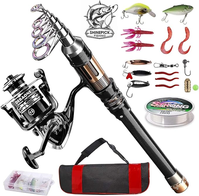 ShinePick Fishing Rod Kit, Telescopic Fishing Pole and Reel Combo Full Kit with Line Lures Hooks Carrier Bag for Travel Sa...