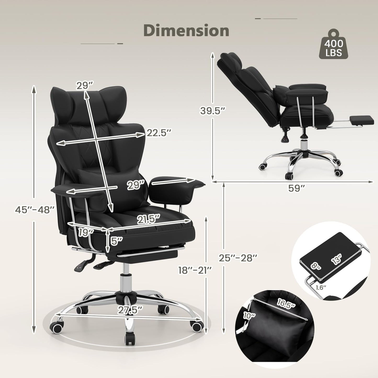 Giantex Office Desk Chair, Big and Tall Executive Office Chair with Foot Rest and Lumbar Support, High Back Leather Swivel Computer Task Chair, Large Ergonomic Reclining Home Office Chair, Black