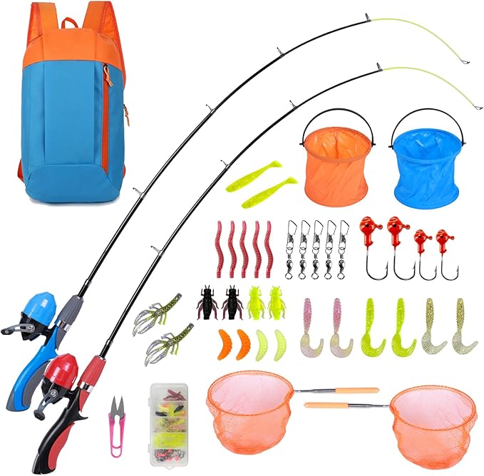 Urban Deco Kids Fishing Pole Kit 2 Pack, Portable Telescopic Kids Fishing Rod with Tackle Box, 2 Fishing Net and 2 Bucket ...