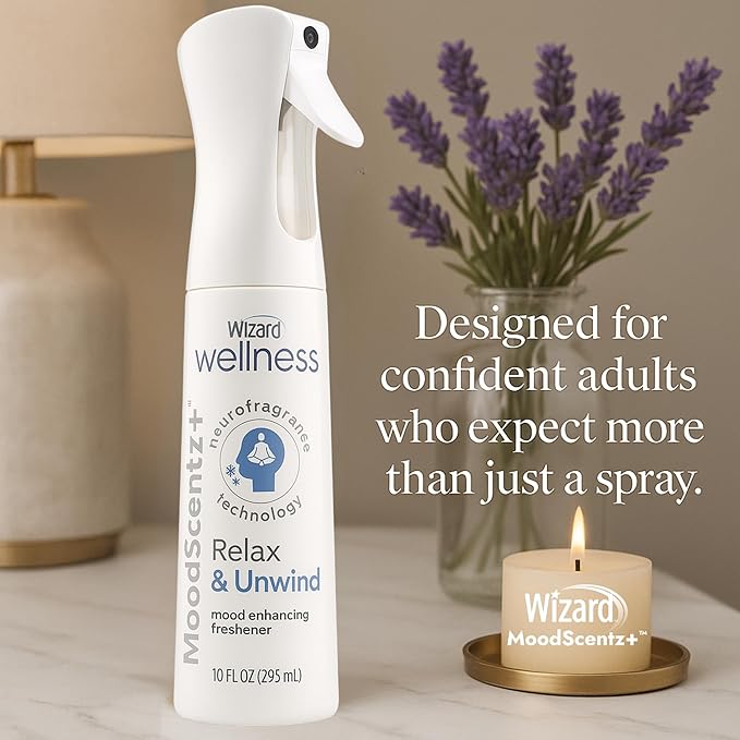 Wizard MoodScentz™ (Relax & Unwind) Patented Science-Backed Mood-Enhancing Room Mist, Non-Aerosol Continuous Fine-Mist Spray with Neuro-Fragrance Technology – 10 Fl Oz