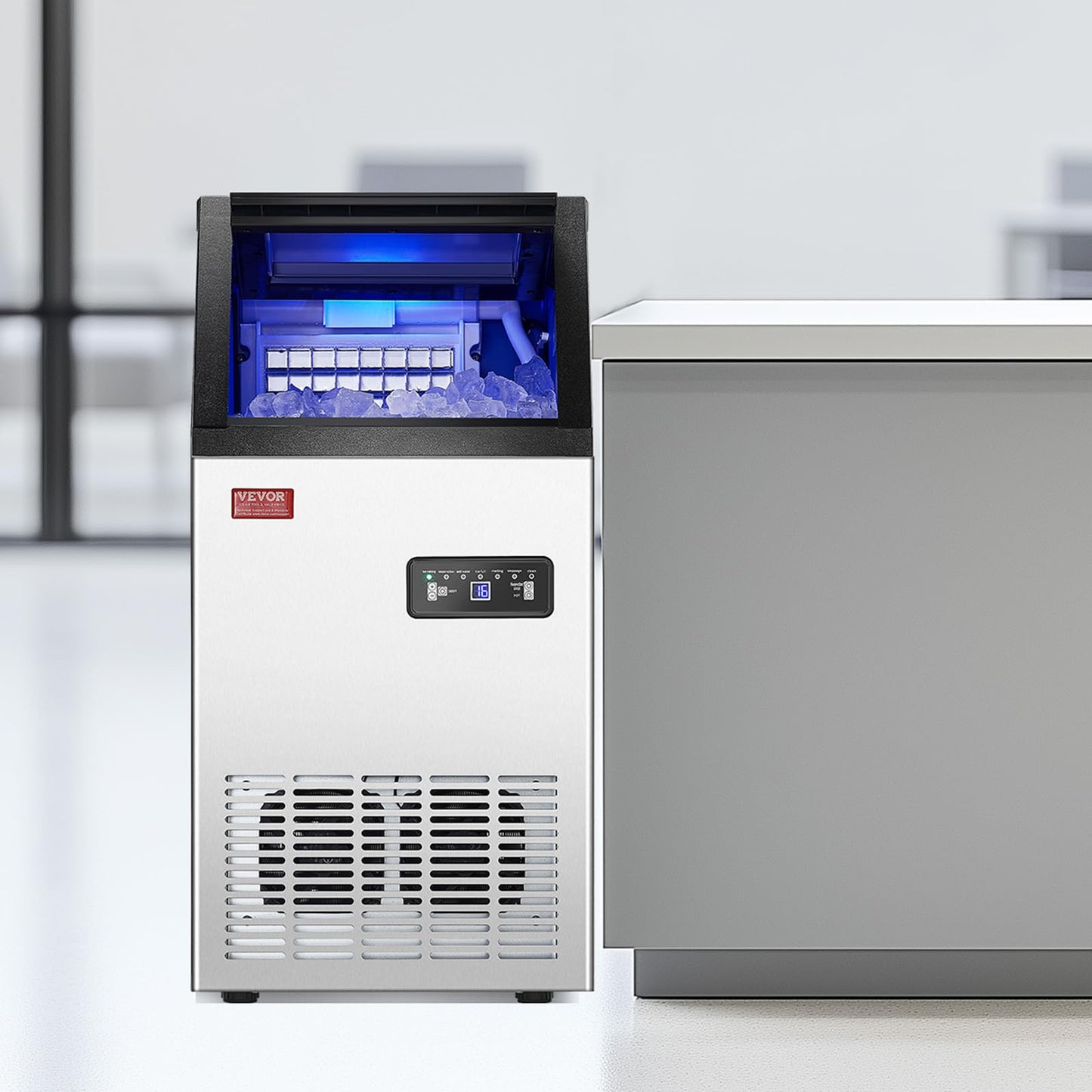VEVOR Commercial Ice Maker, 100lbs/24H Ice Maker Machine with 28lbs Storage Capacity, 40 Ice Cubes in 15 Minutes, Freestanding Ice Maker for Bar Home Office Restaurant, LED Display, Self-Cleaning