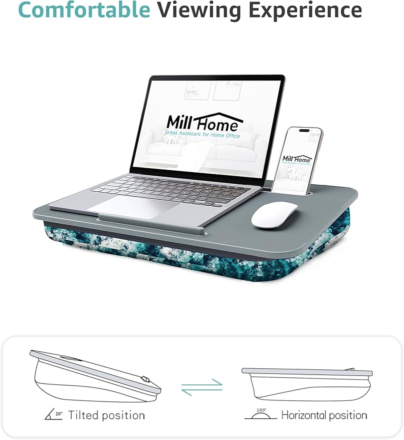 Millhome Lap Desk | Portable Laptop Desk – Fits Up to 15.6" Laptops –Detachable & Washable, Phone Holder, Device Ledge – for Writing, Working, Reading on Bed, Couch, Sofa, Floor – Blue Waves (Small)