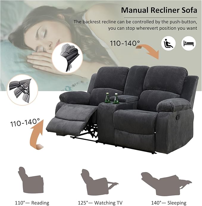 A Ainehome Living Room Furniture Set Grey Corduroy Recliner Sofa Set Loveseat Chair Furniture Sofa Set for Living Room/Rv/House/Office/Theater Seating (A-Dark Grey Corduroy, Sofa+Loveseat)