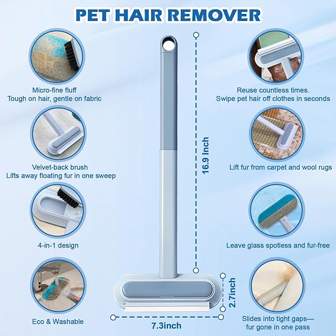 Pet Hair Remover for Couch, Furniture & Car Seats - Reusable Lint Roller for Dog and Cat Hair Removal on Clothes, Carpet, Bedding - Eco Friendly, No Sticky Refills, with Long Handle & Squeegee