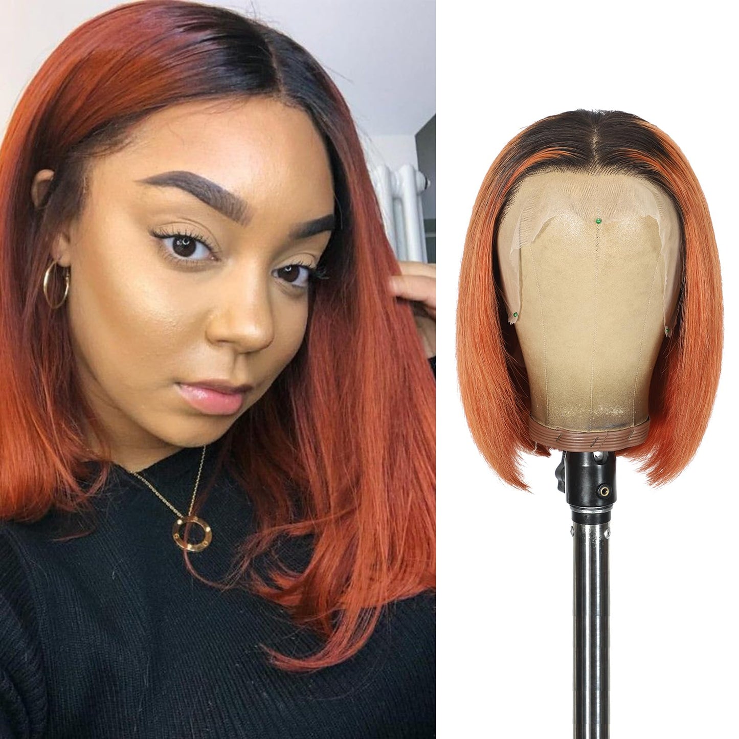 KULYMUWIG Ombre 1B/350 Ginger Bob Wigs Human Hair for Black Women 13x4 Lace Front Straight Bob Wigs 200% Density 12A Glueless Hu