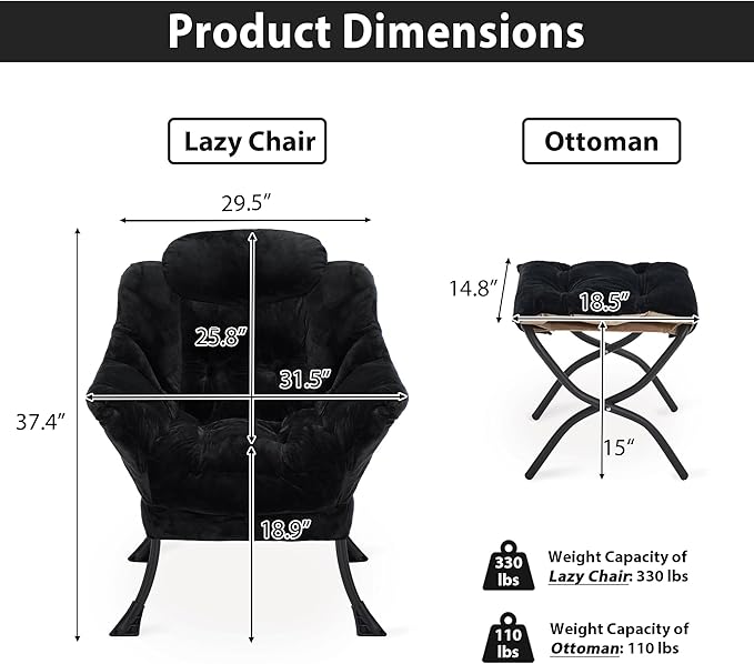 Youtanic Lazy Chair with Folding Ottoman, Accent Chair Plush Upholstered with Metal Structure and Non-Slip Pads, Sofa Armchair with Footrest and Side Storage Bag for Dorm, Room, Office, Black