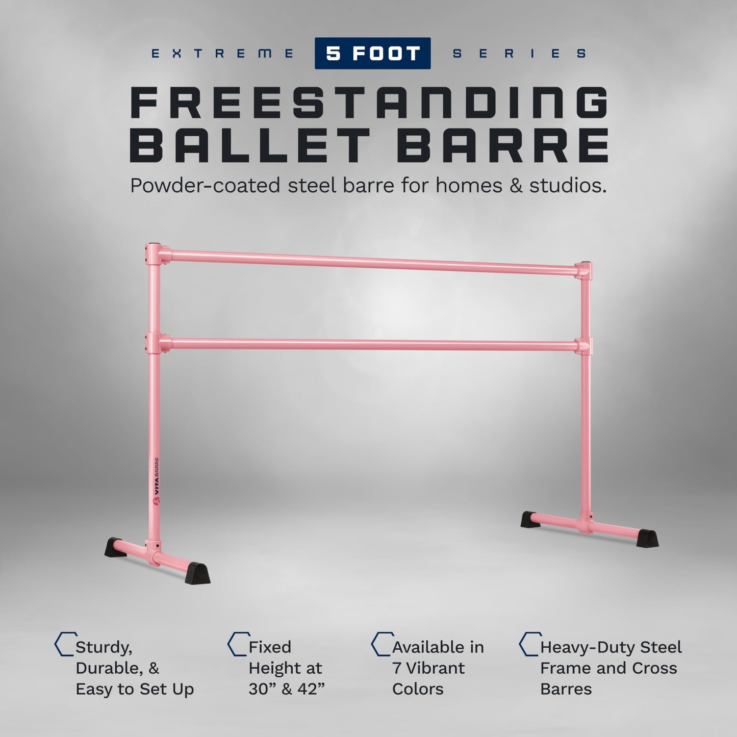 VITA Barre Portable Freestanding Double Ballet Barre, Extreme, 5 Ft Bars, Light Pink, Steel | Fixed Height, Made in USA, Home or Gym Exercise Equipment for Kids & Adults | Dance, Fitness, Pilates