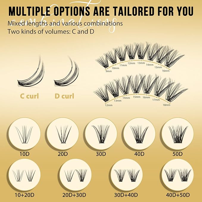 QUEWEL Lash Clusters 320Pcs Cluster Lashes 30D+40D C Curl Lash Cluster Eyelash Extensions Mix9-16mm Individual Eyelashes Clusters Wispy Lash Clusters Thin Band Soft to Use at Home(30D+40D C Mix9-16)