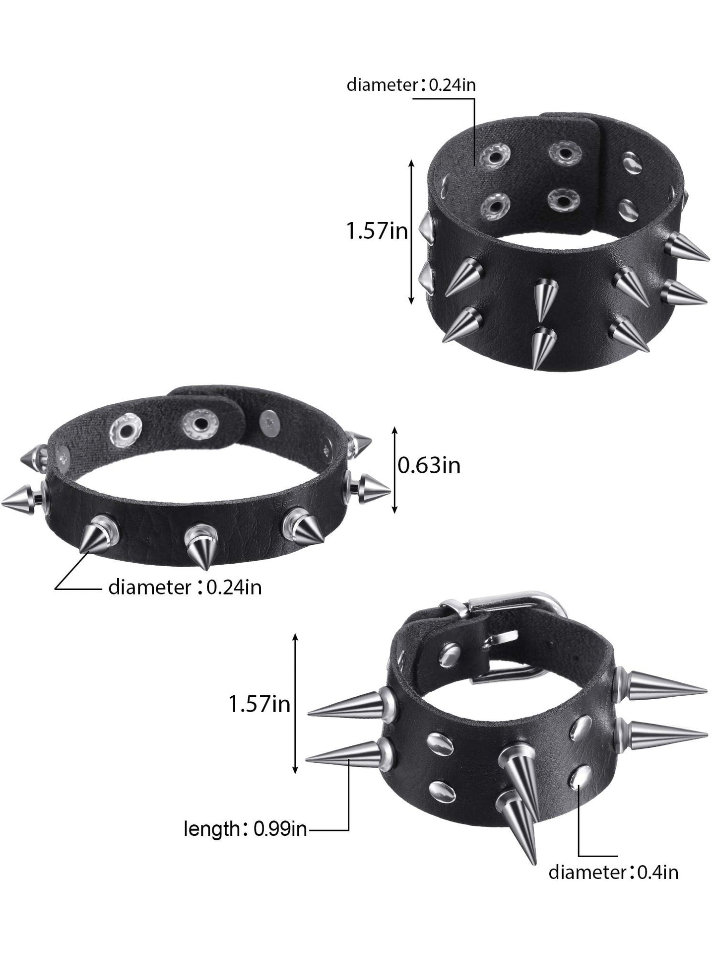 Hicarer 9 Pieces Spiked Studded Bracelet Black Leather Rivet Punk Bracelet Cuff Wrap Bangle Snap Button Metal Wristband for Men