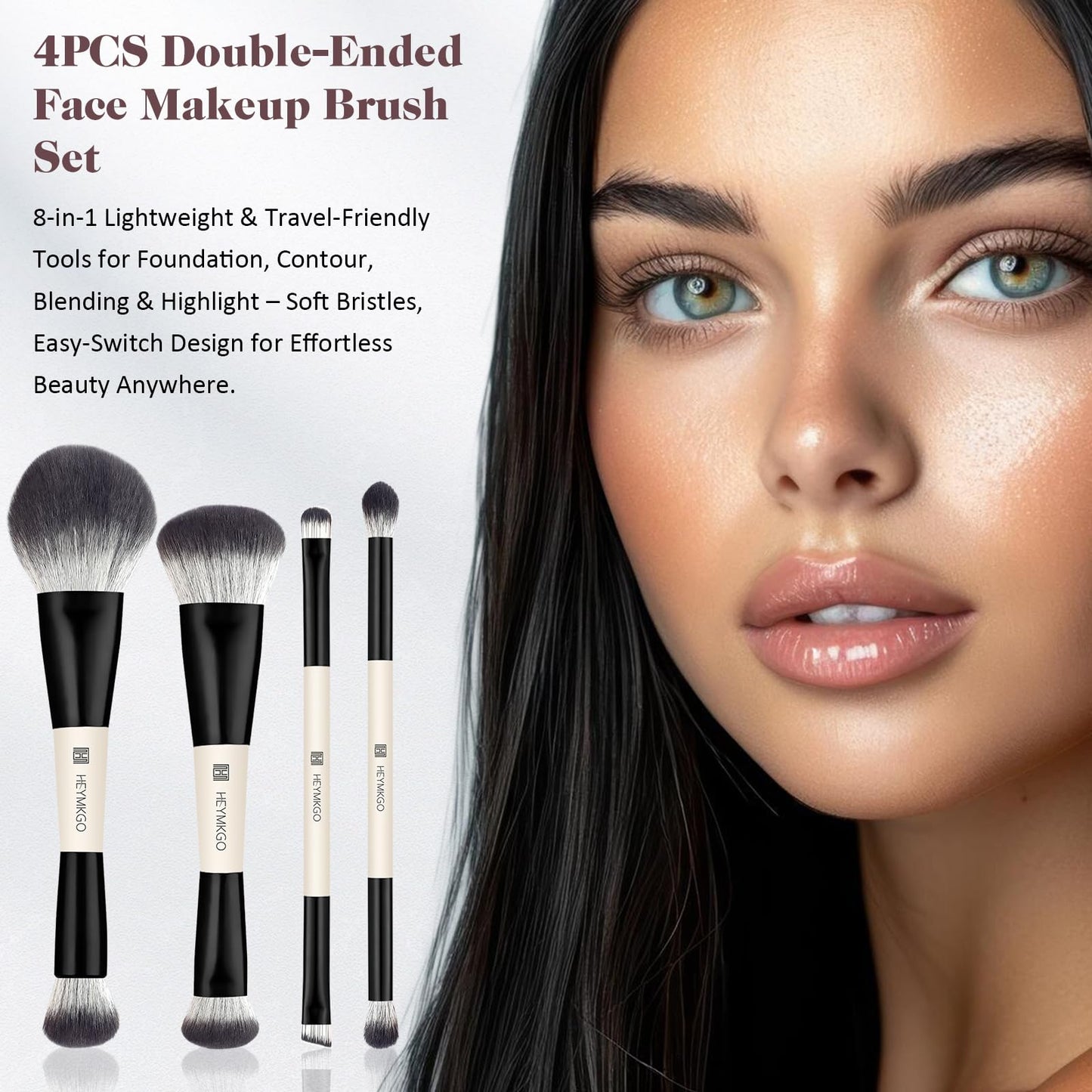 HEYMKGO Makeup Brushes Set, 4Pcs Professional Dual-ended Foundation Contour Power Face Eyeshadow Brush set for Liquid,Cream, Pow