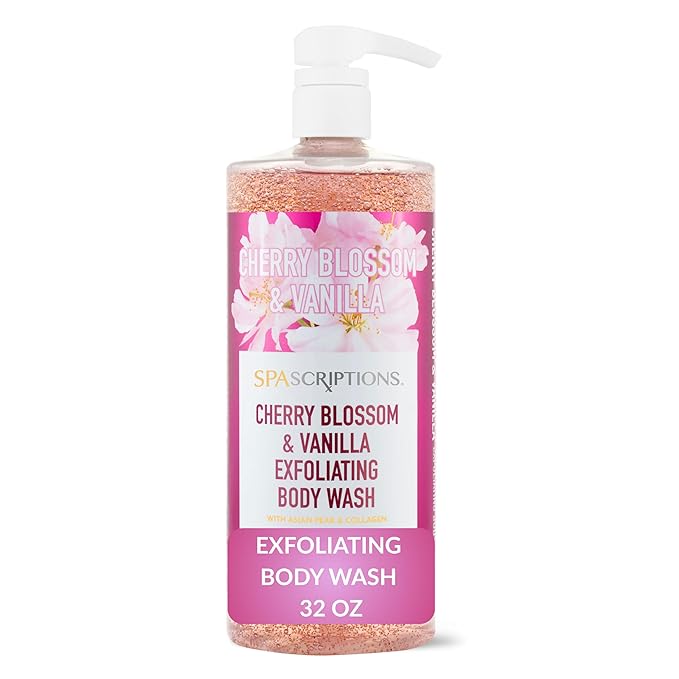 SpaScriptions Cherry Blossom & Vanilla Exfoliating Body Wash - 32 fl oz Scented, Hydrating Body Wash Scrub for Women, Natural Daily Cleanser for Smooth, Radiant, Healthy-Looking Skin, Paraben Free