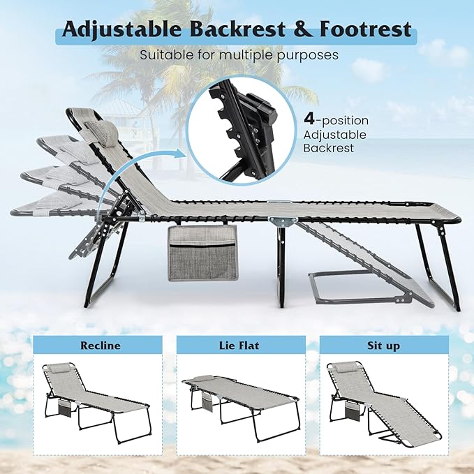 GYMAX Lounge Chair for Outside, 440lbs 27” Oversize Folding Beach Tanning Sunbath Chair with Adjustable Backrest & Removable Pillow, Lightweight Portable Patio Lounger for Lawn Poolside (2, Grey)