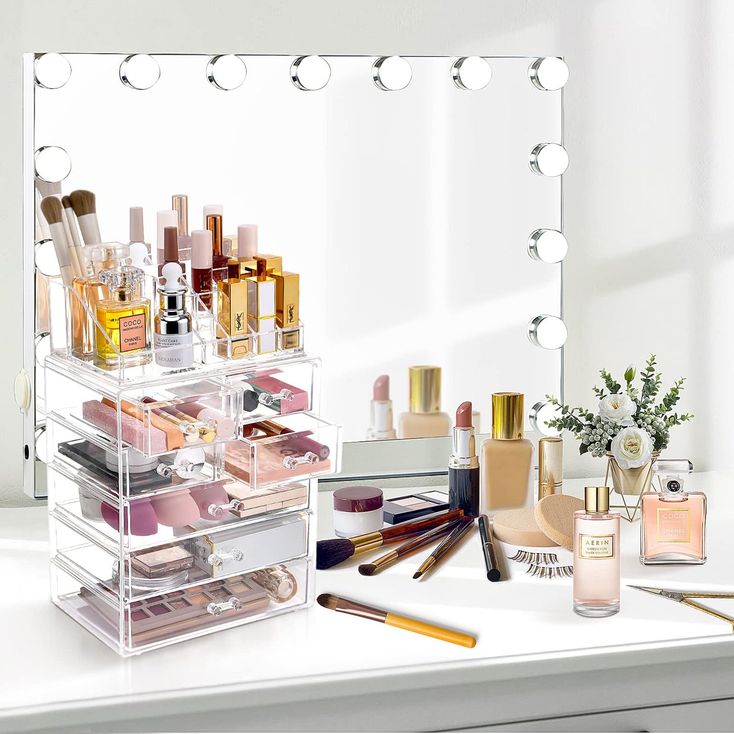 COMVTUPY Clear Makeup Organizer with Brush Holder, Large Acrylic Cosmetic Display Jewelry & Make Up Organizers and Storage for V