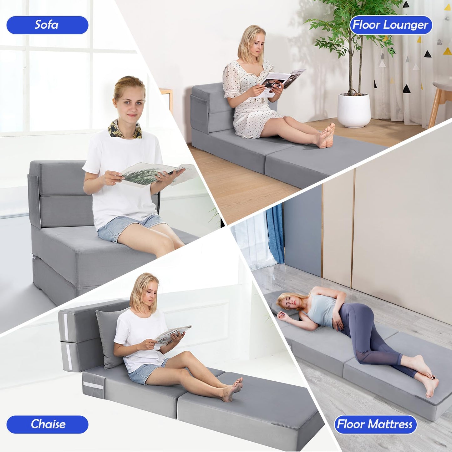 MeMoreCool Foldable Futon Chair Bed Sleeper for Adults, Single Folding Mattress 6 Inch, Fold Out Couch Bed with Pillow, Convertible Foam Floor Sofa Sleeping Tri Fold Mattress Chair (Grey)