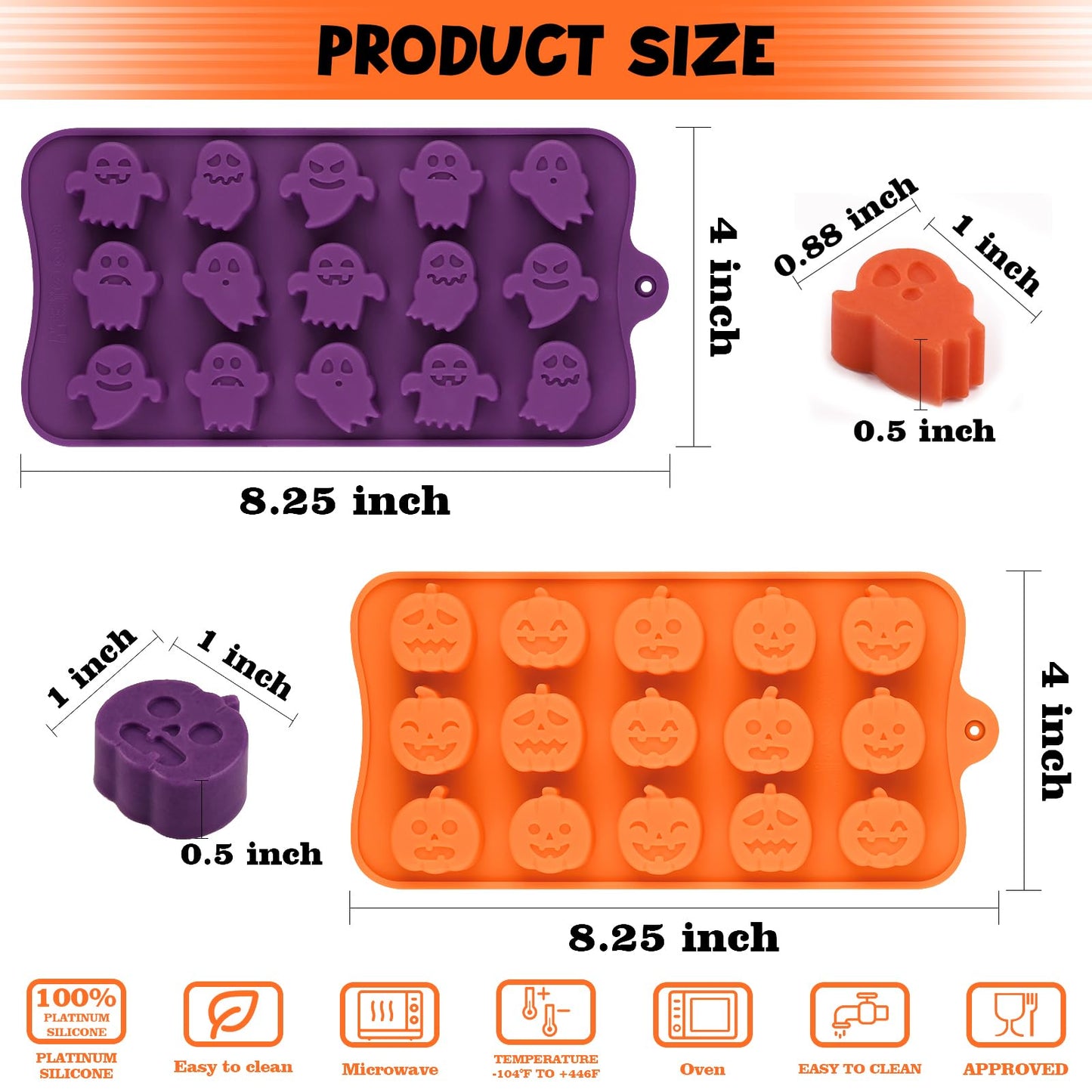 HUAKENER 4 Pack Halloween Candy Molds, Silicone Pumpkin Mold, Ghost Chocolate Mold, Halloween Silicone Molds for Chocolate, Candy, Jelly, Wax Melt, Ice Cubes, Cake Decorations