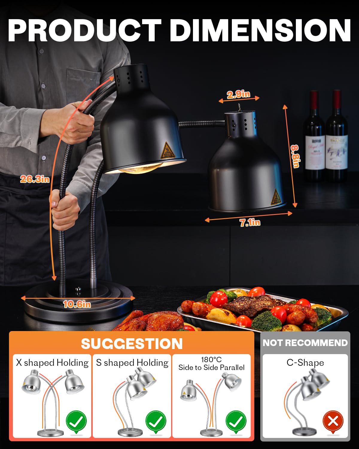 RVGMBO Food Heat Lamp - [3 Bulbs Included] [Rapid-Heating], 500W Commercial Food Warmer Light, Heat Lamp for Food, Catering Warming Lamp for Buffet Parties, Painted Black