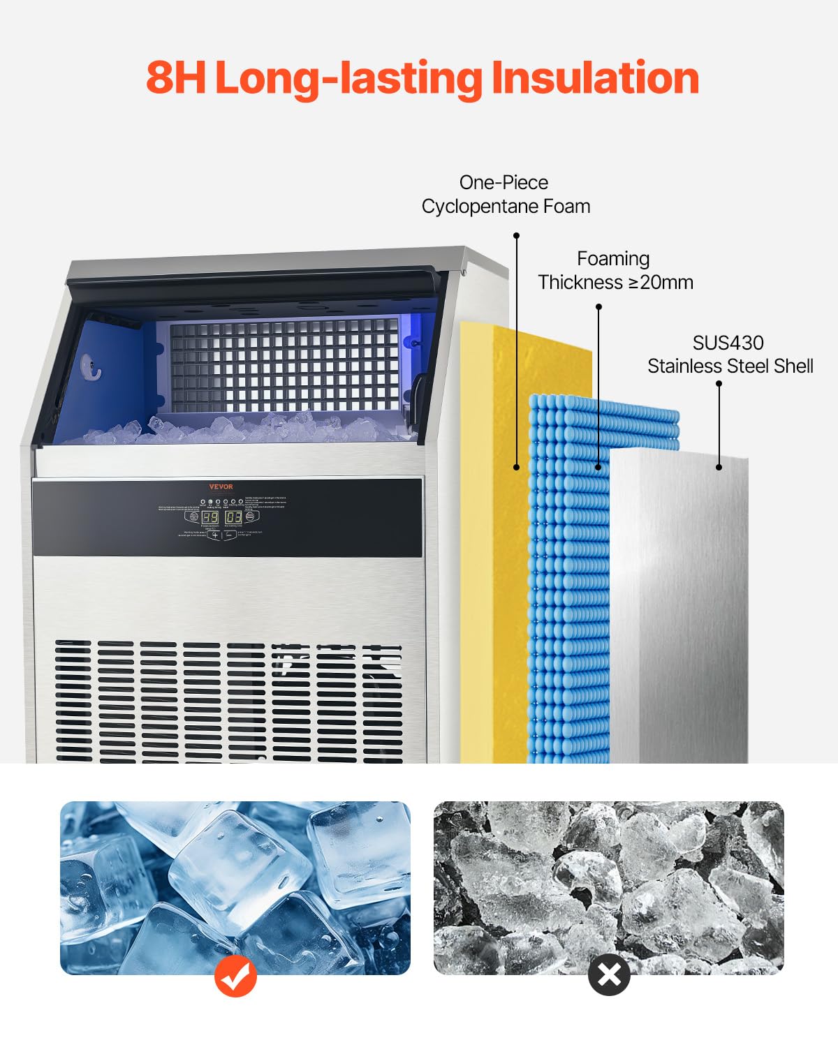 VEVOR 440lbs/24H Commercial Ice Maker, 160 Ice Cubes in 15 Minutes, Freestanding Ice Maker Machine with 88lbs Large Storage Capacity for Bar Office Restaurant, with LED Digital Display & Self-Cleaning