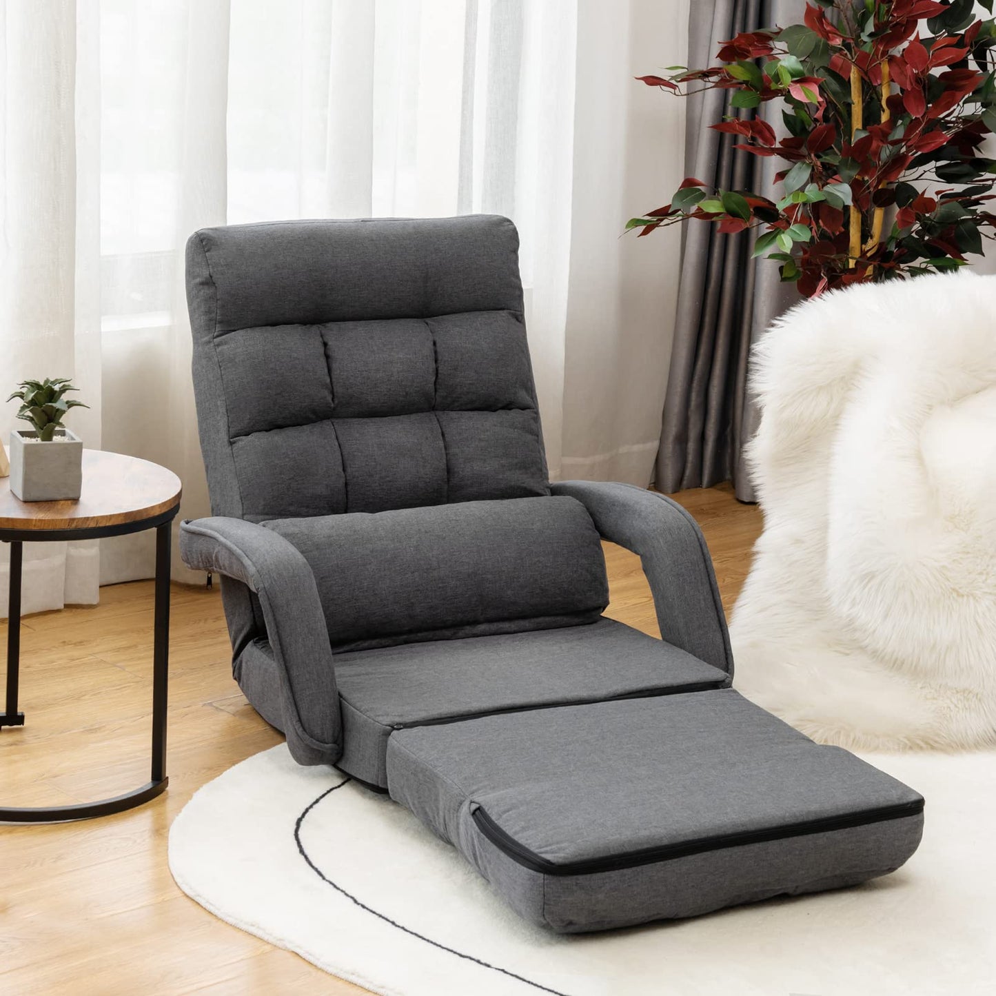 Giantex Folding Floor Chair with 6-Position Adjustable Backrest, Armrests & Removable Pillow, 330Lbs Capacity, Indoor Lazy Sofa Armchair, Chaise Lounger, Gaming Recliner for Living Room Bedroom, Grey