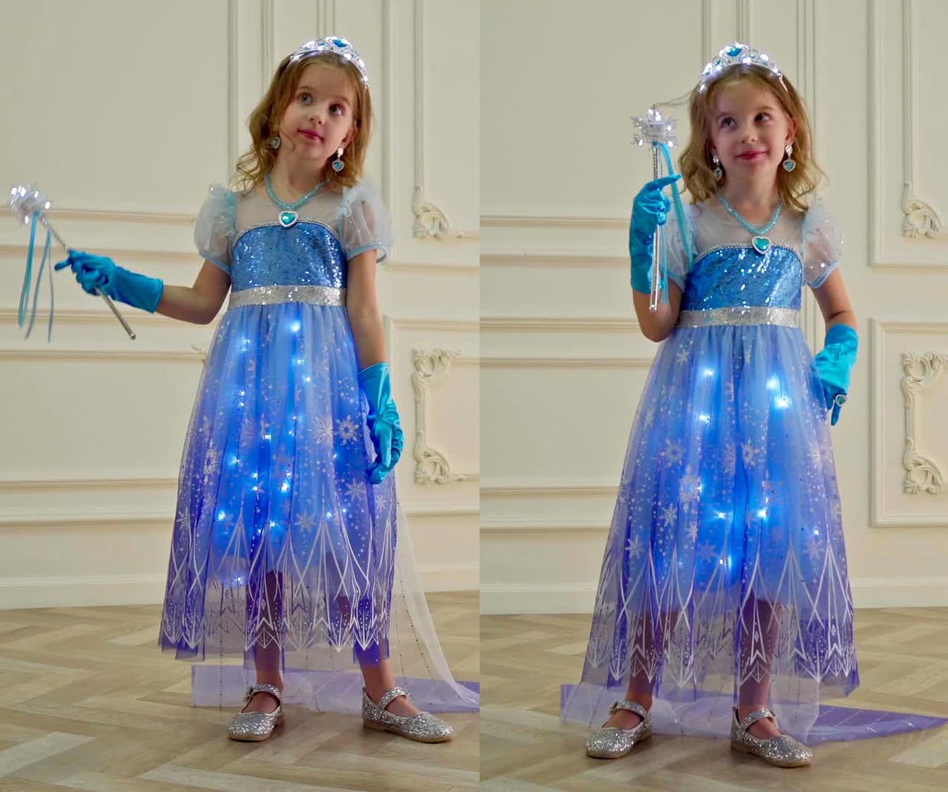 Aimeiar Light Up Girls Halloween Costume Snow Princess Dress Ice Christmas Costumes Toddler Kids Costume with Accessories